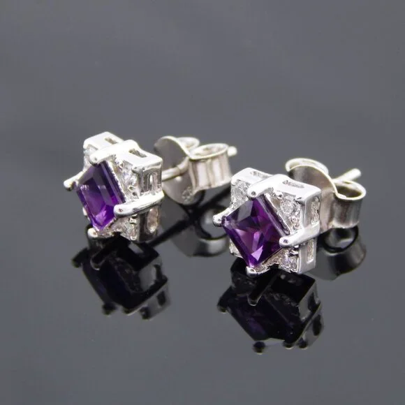 Genuine Amethyst Cushion Cut Earrings in 925 Sterling Silver - Picture 2 of 6